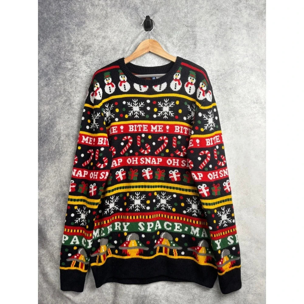 H&M Divided Ugly Christmas Holiday Sweater Bite Me Alien UFO Oh Snap Size Large